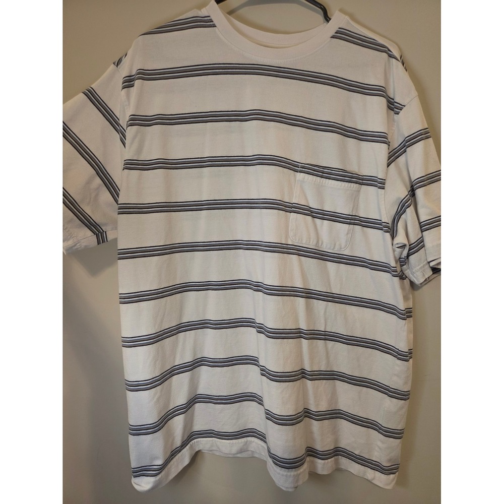 Puritan Mens XL White Striped Pocket T-Shirt Short Sleeve Crewneck Cotton Blend